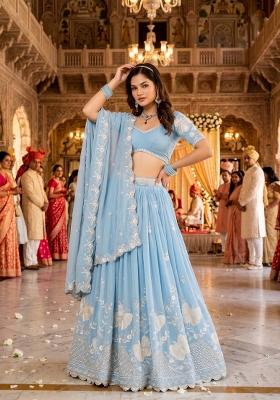 Sky Blue Embroidery Georgette Lahenga Set