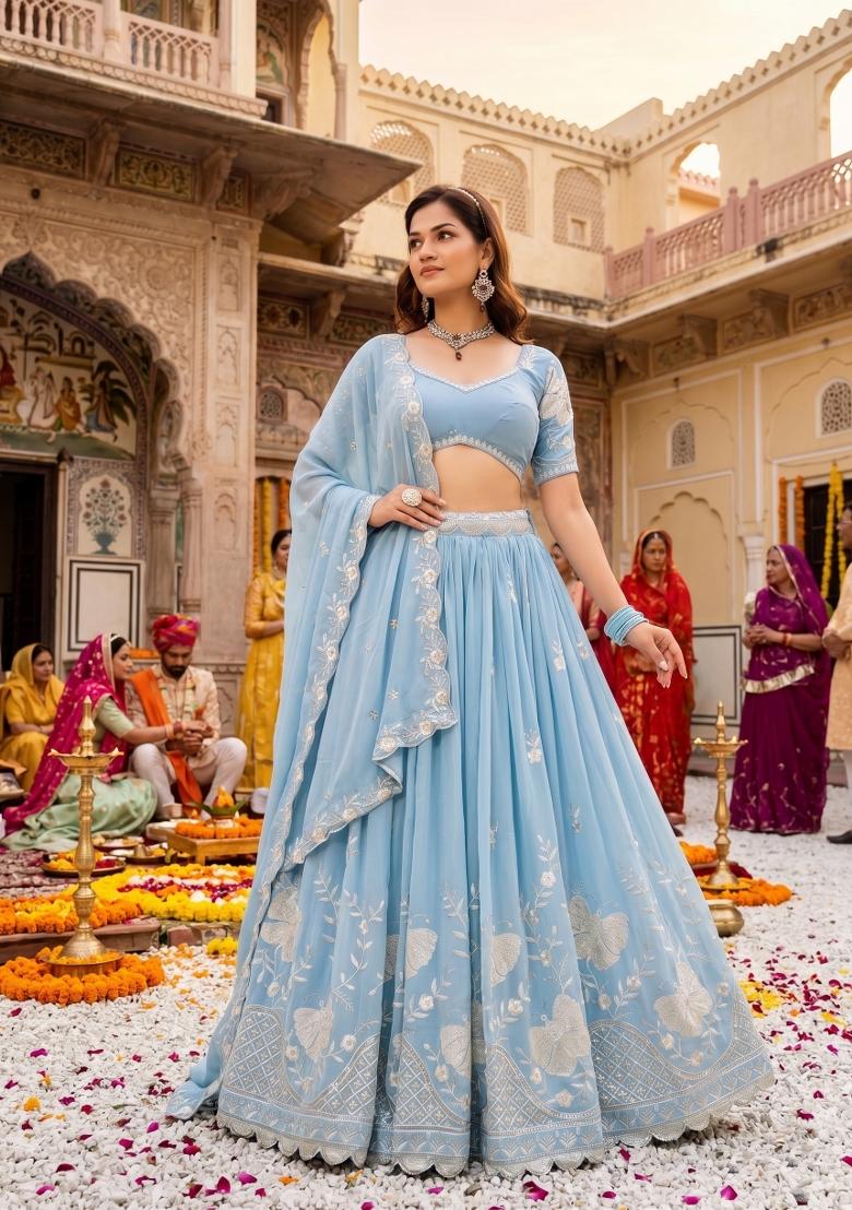 Sky Blue Embroidery Georgette Lahenga Set - Indya