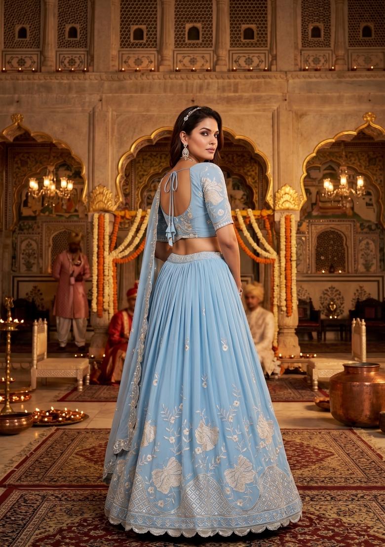 Sky Blue Embroidery Georgette Lahenga Set - Indya