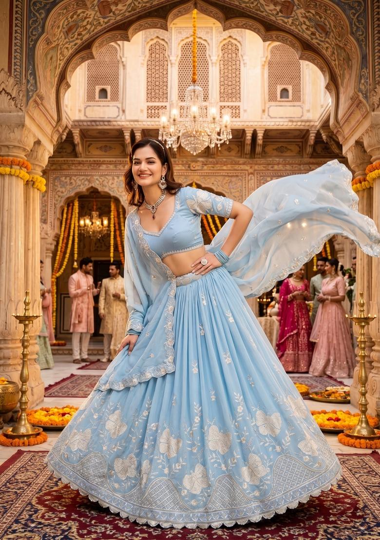 Sky Blue Embroidery Georgette Lahenga Set - Indya