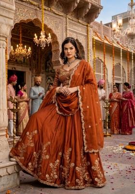 Rust Orange Embroidery Silk Lahenga Set