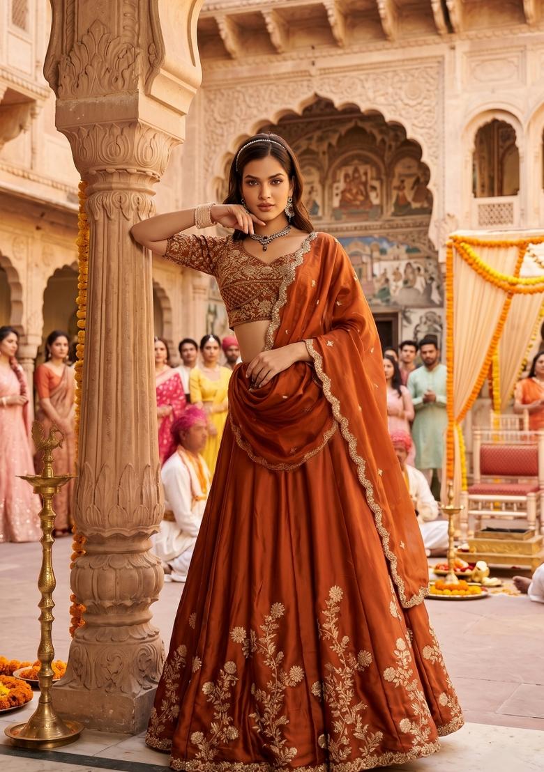 Rust Orange Embroidery Silk Lahenga Set - Indya