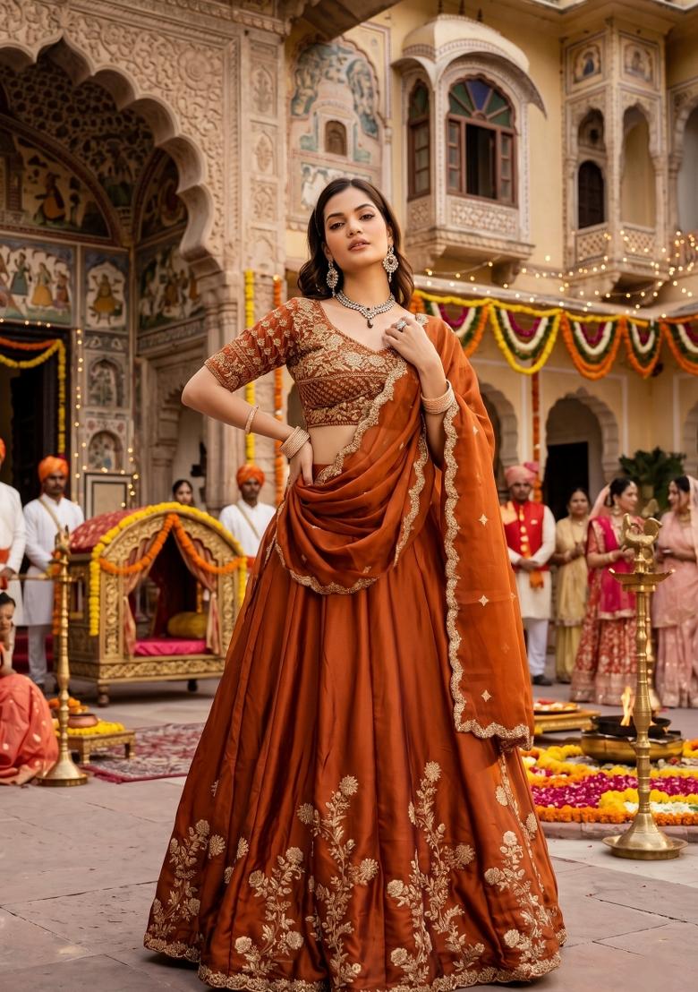 Rust Orange Embroidery Silk Lahenga Set - Indya