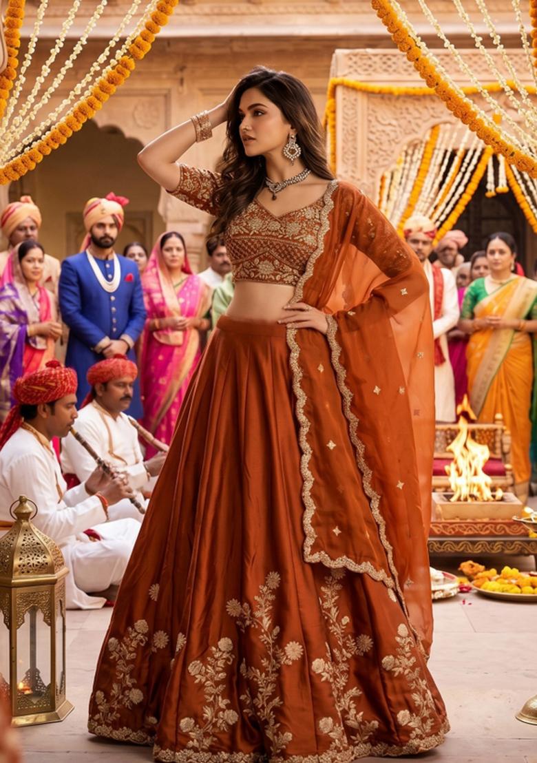 Rust Orange Embroidery Silk Lahenga Set - Indya