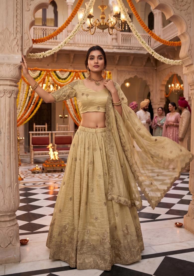 Beige Embroidery Gold Crush Lahenga Set - Indya