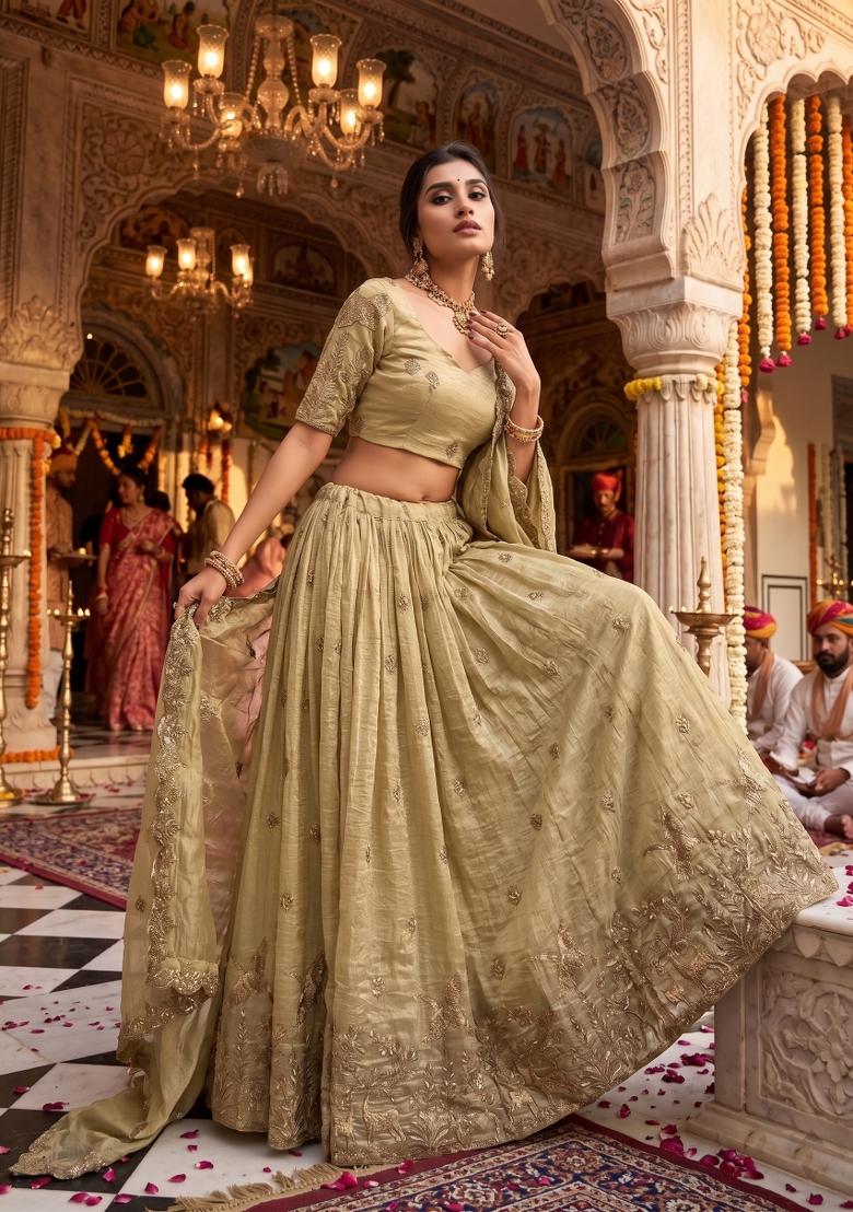 Beige Embroidery Gold Crush Lahenga Set - Indya