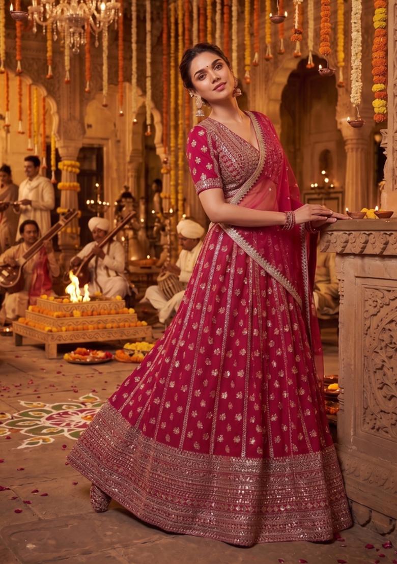 Pink Embroidery Georgette Lahenga Set - Indya
