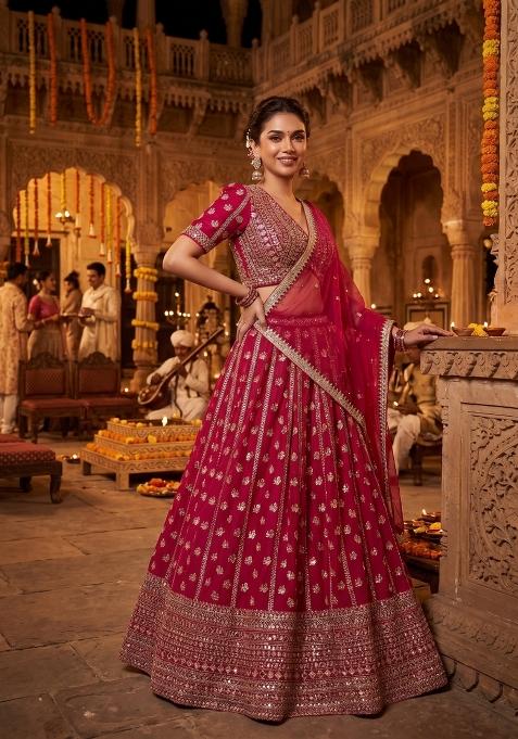 Pink Embroidery Georgette Lahenga Set