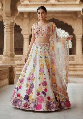 Off White Embroidery Chinon Lahenga Set