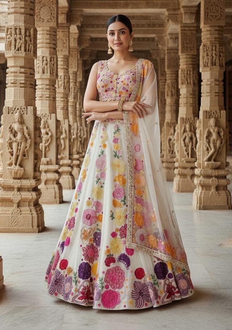Off White Embroidery Chinon Lahenga Set - Indya