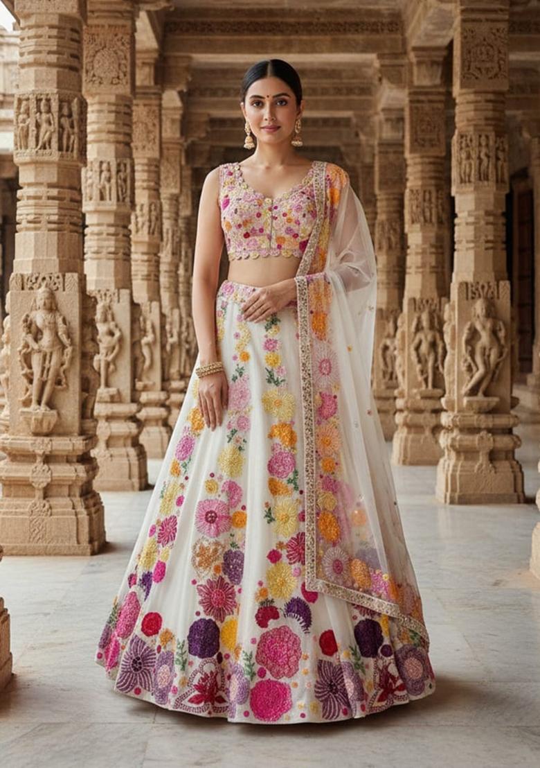 Off White Embroidery Chinon Lahenga Set - Indya