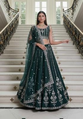 Green Embroidery Georgette Lahenga Set