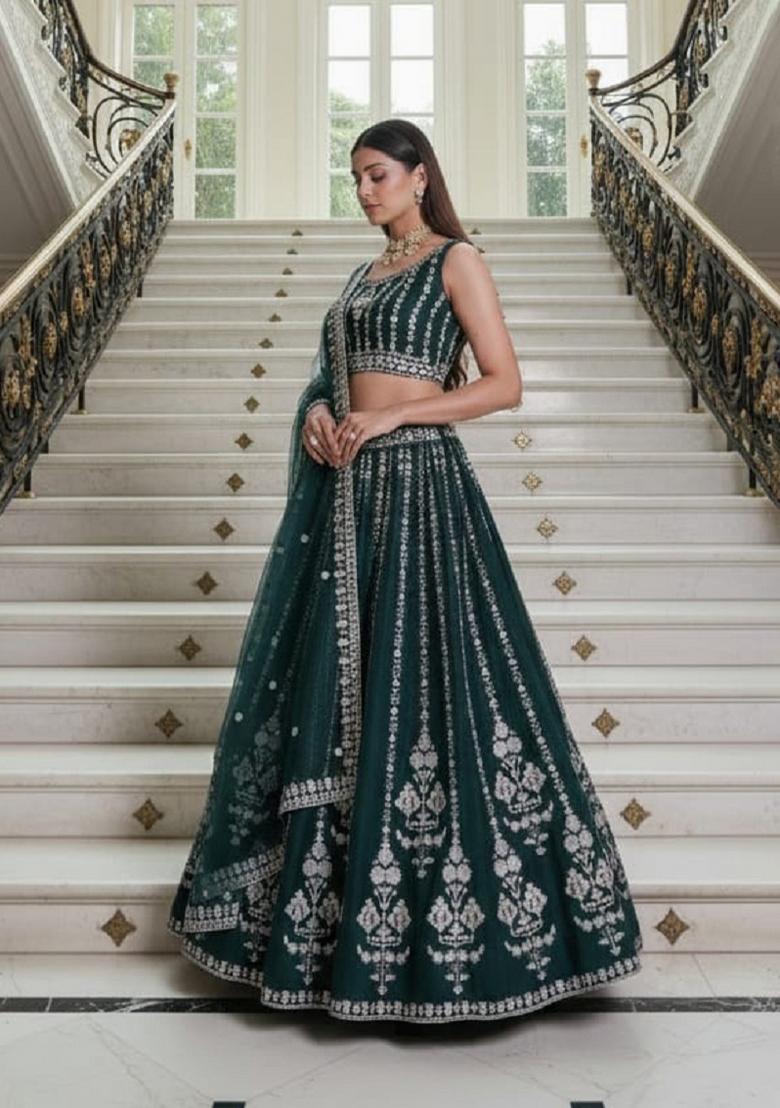 Green Embroidery Georgette Lahenga Set - Indya