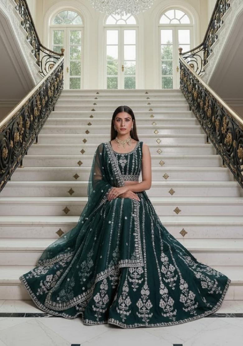 Green Embroidery Georgette Lahenga Set - Indya