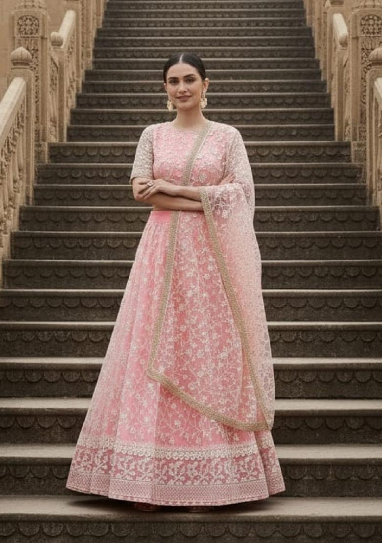 Baby Pink Embroidery Net Lahenga Set - Indya