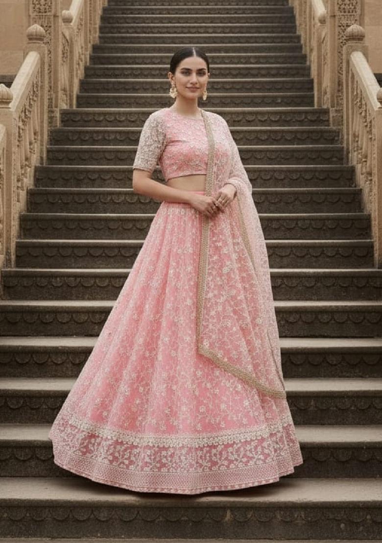 Baby Pink Embroidery Net Lahenga Set - Indya