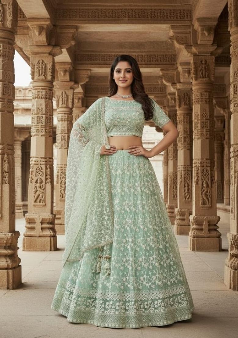 Sea Green Embroidery Net Lahenga Set - Indya