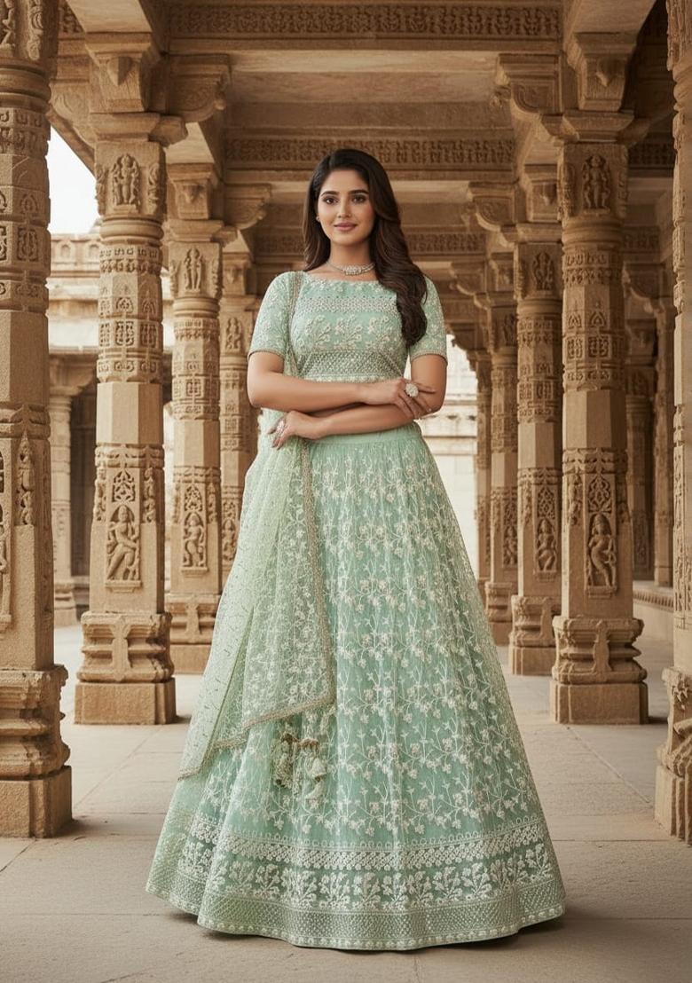 Sea Green Embroidery Net Lahenga Set - Indya
