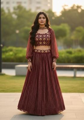 Wine Embroidery Georgette Lahenga Set
