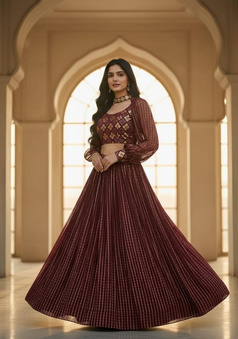Wine Embroidery Georgette Lahenga Set - Indya