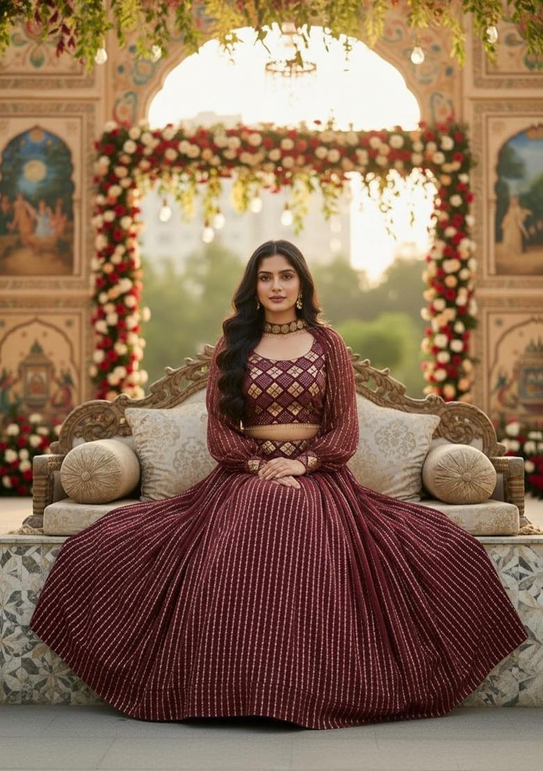 Wine Embroidery Georgette Lahenga Set - Indya