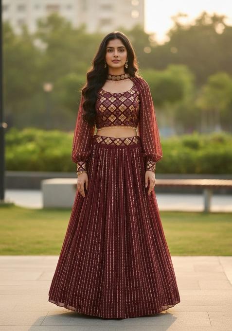 Wine Embroidery Georgette Lahenga Set