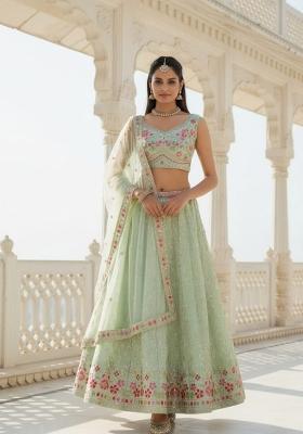 Sea Green Embroidery Georgette Lahenga Set