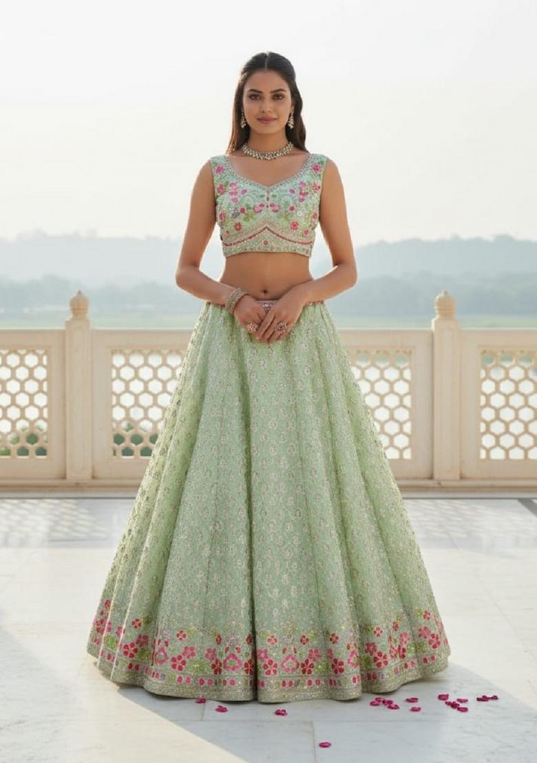 Sea Green Embroidery Georgette Lahenga Set - Indya