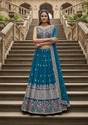 Teal Embroidery Georgette Lahenga Set
