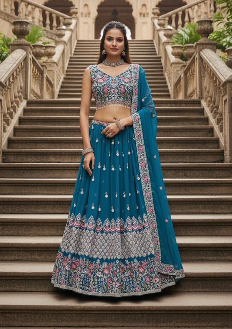 Teal Embroidery Georgette Lahenga Set - Indya