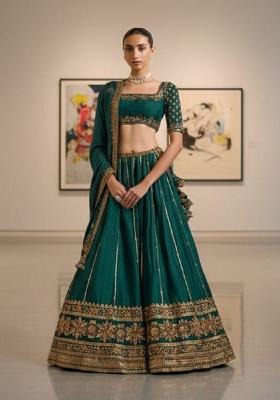Green Embroidery Silk Lahenga Set