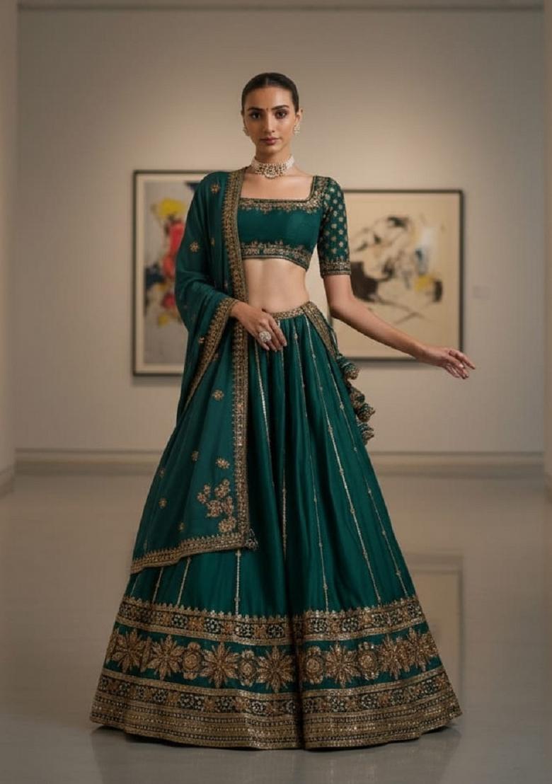 Green Embroidery Silk Lahenga Set - Indya