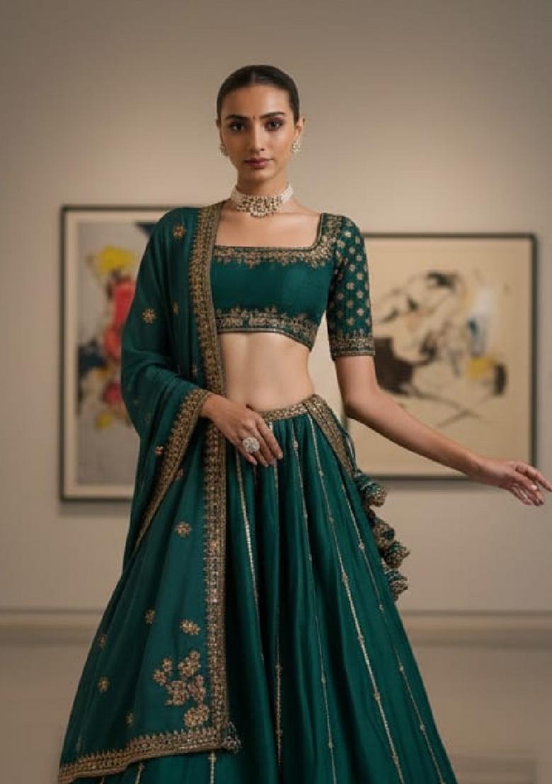 Green Embroidery Silk Lahenga Set - Indya