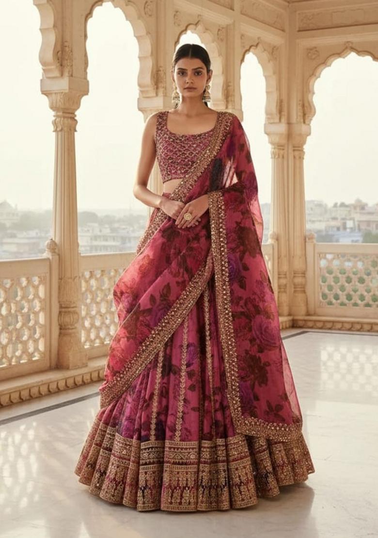 Dusty Pink Embroidery Organza Lahenga Set - Indya