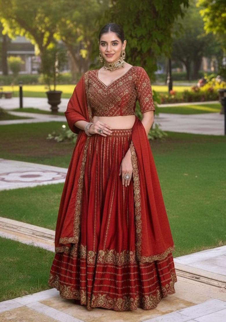 Red Embroidery Rangoli Crush Lahenga Set - Indya