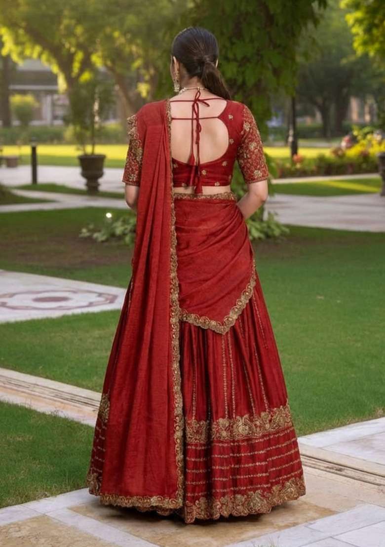 Red Embroidery Rangoli Crush Lahenga Set for Diwali | Wedding & Festive Wear - Indya