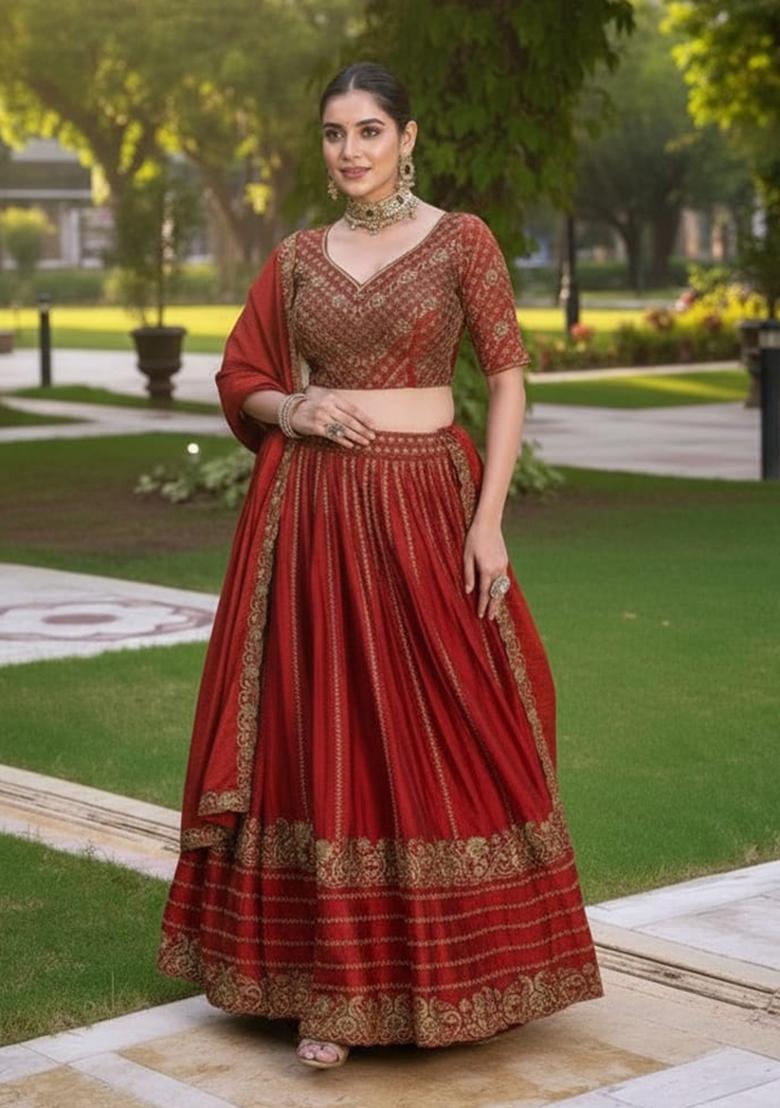Red Embroidery Rangoli Crush Lahenga Set - Indya