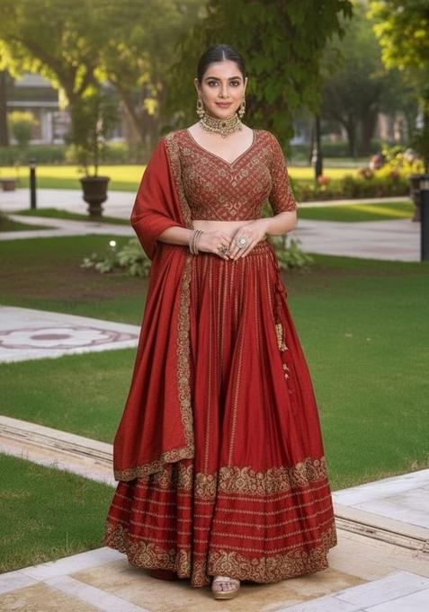 Red Embroidery Rangoli Crush Lahenga Set