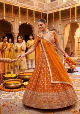 Orange Embroidery Georgette Lahenga Set