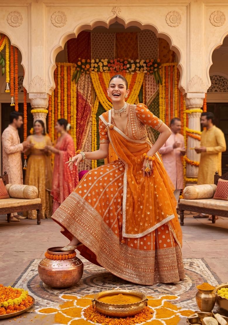 Orange Embroidery Georgette Lahenga Set - Indya