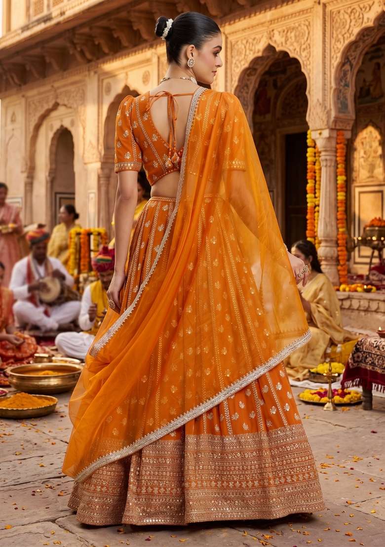 Orange Embroidery Georgette Lahenga Set for Diwali | Wedding & Festive Wear - Indya