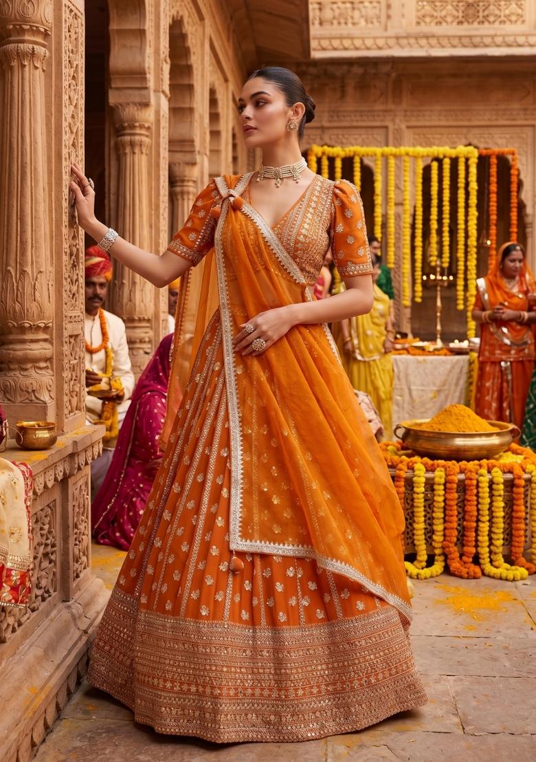 Orange Embroidery Georgette Lahenga Set - Indya