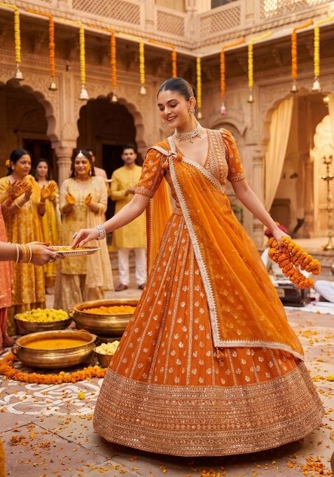 Orange Embroidery Georgette Lahenga Set