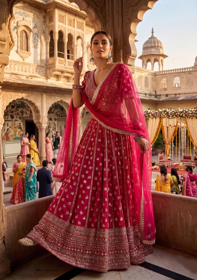 Pink Embroidery Georgette Lahenga Set - Indya