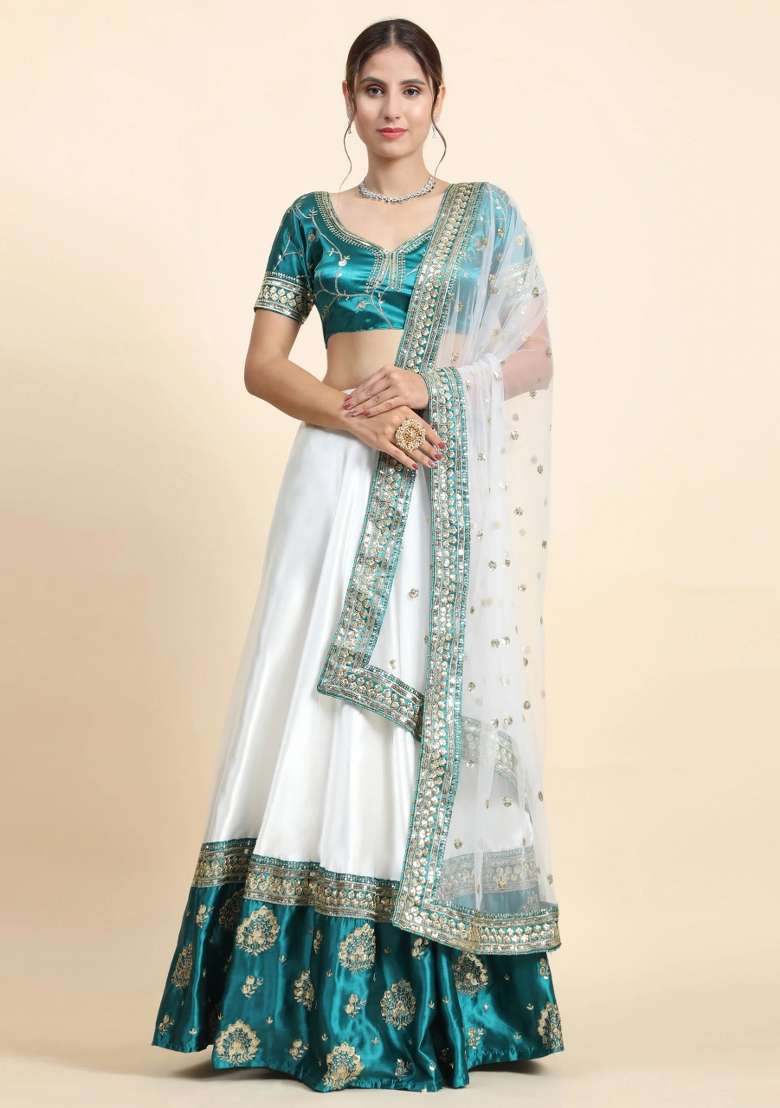 Green Silk Blend Lehenga Set with Sequin for Diwali | Wedding & Festive Wear - Indya