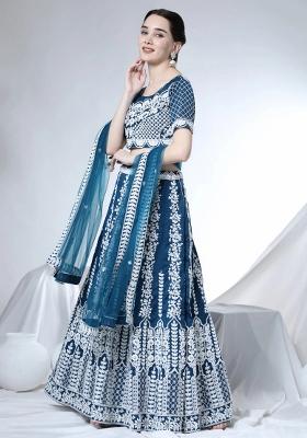 Blue Embroidery Silk Blend Lehenga Set