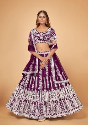 Wine Embroidery Silk Blend Lehenga Set
