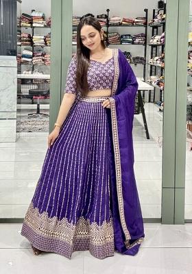 Purple Embroidery Silk Blend Lehenga Set