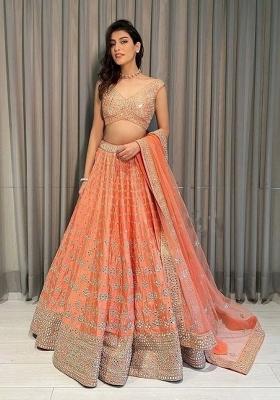 Orange Embroidery Silk Blend Lehenga Set
