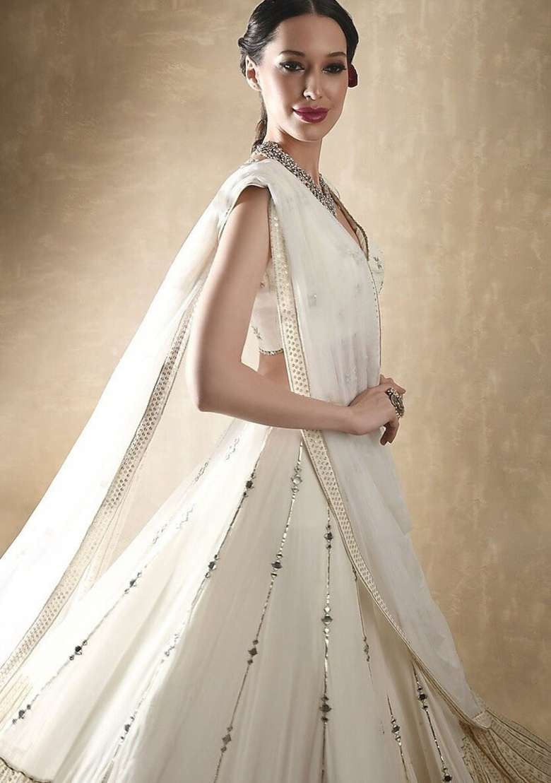 White Georgette Lehenga Set with Embroidery for Diwali | Wedding & Festive Wear - Indya